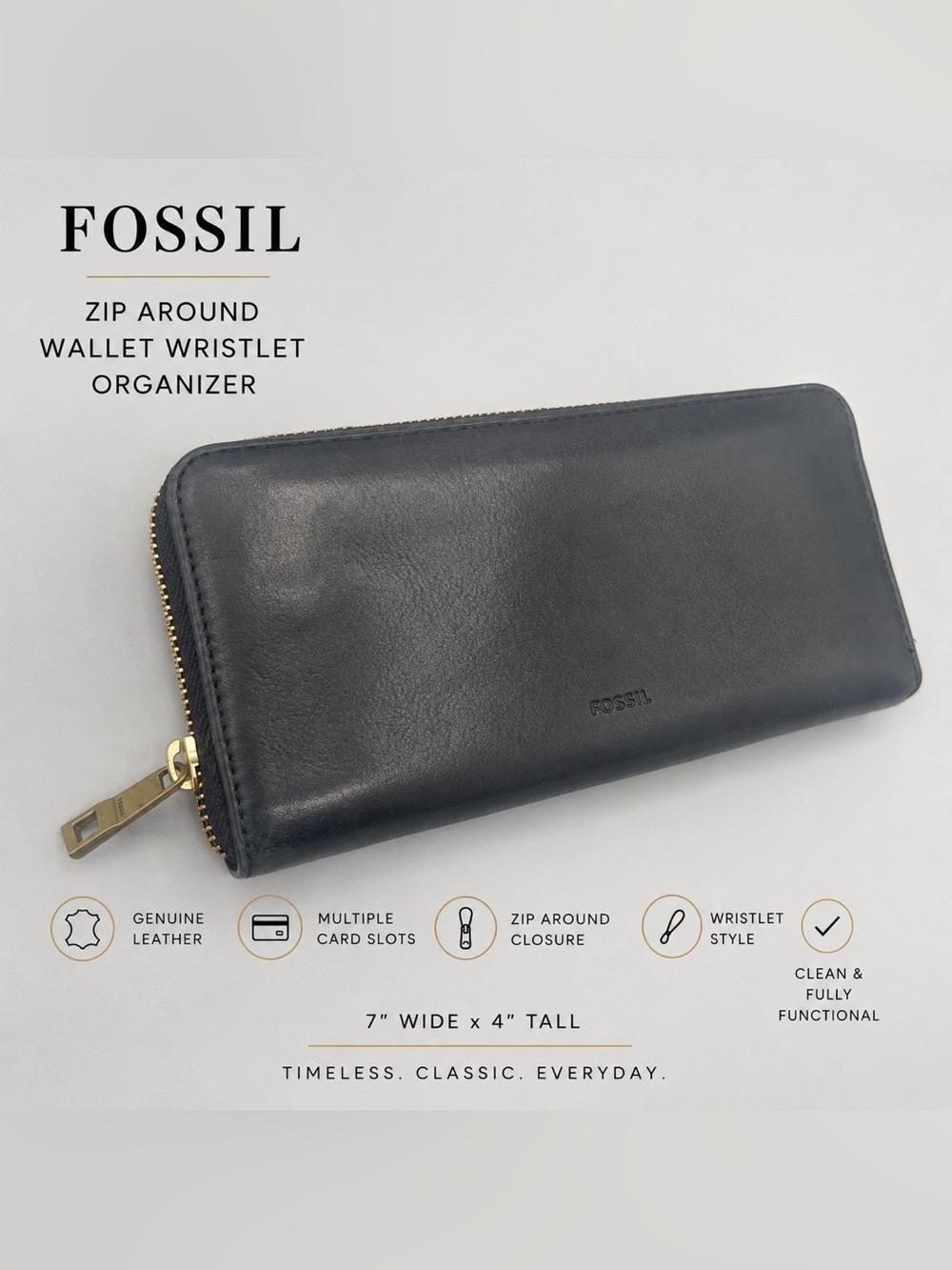 Fossil Black Leather Zip Around Wallet Wristlet Organizer
